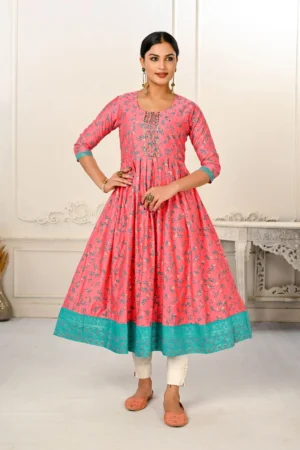 Pink Cotton Handprint Embroidered Kurtis - BUYON