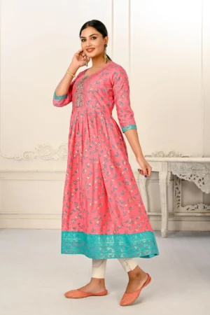 Pink Cotton Handprint Embroidered Kurtis - BUYON