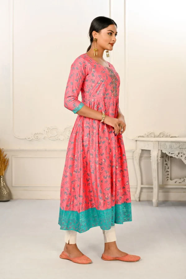 Pink Cotton Handprint Embroidered Kurtis - BUYON