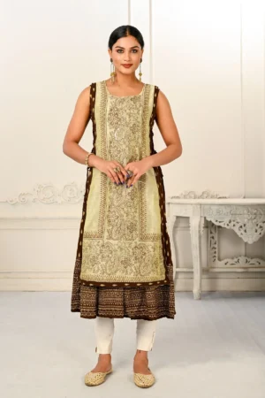 2 Layered Inner Cotton And Outward Jacket Chanderi Kurti - Cream & Coffee Brown