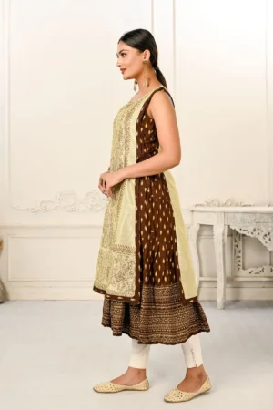 2 Layered Inner Cotton And Outward Jacket Chanderi Kurti - Cream & Coffee Brown