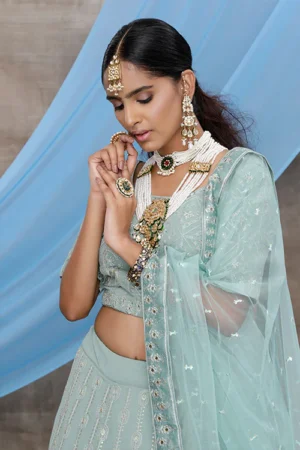 Chic Dusty Green Party Lehenga: Designer Elegance - BUYON