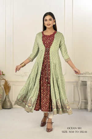 Green Cotton Handprint Embroidered Kurtis - BUYON