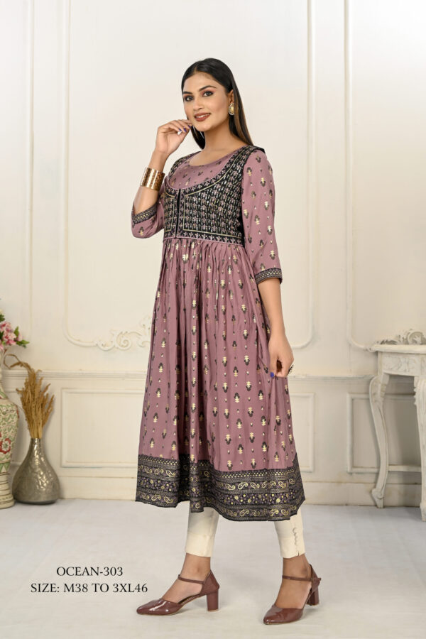 Purple Cotton Handprint Embroidered Kurtis - BUYON