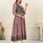 Purple Cotton Handprint Embroidered Kurtis - BUYON