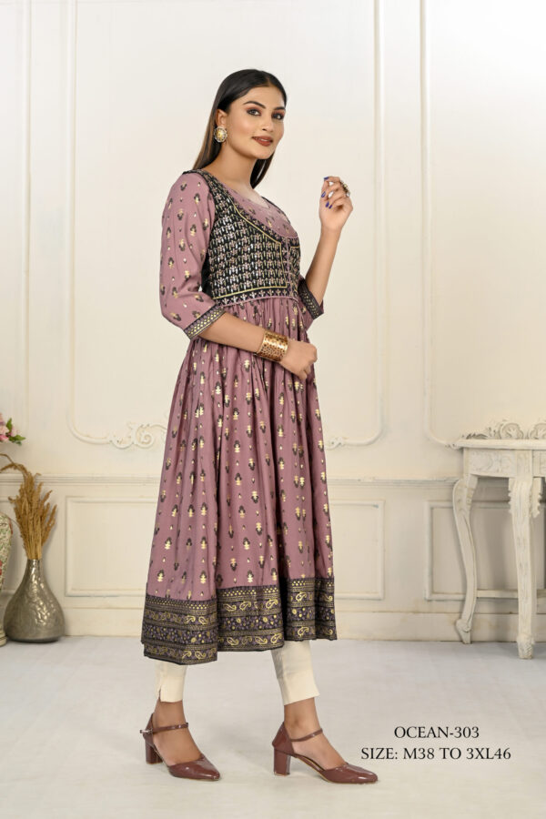 Purple Cotton Handprint Embroidered Kurtis - BUYON