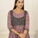 Purple Cotton Handprint Embroidered Kurtis - BUYON