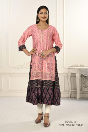 Pink Double Layered Cotton With Handfoil Print Kurtis