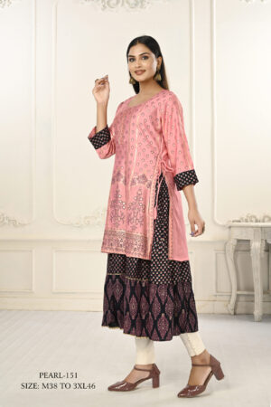 Pink Double Layered Cotton With Handfoil Print Kurtis