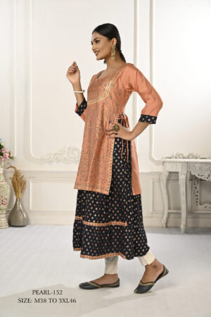 Peach Double Layered Cotton With Handfoil Print Kurtis