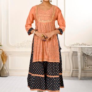 Peach Double Layered Cotton With Handfoil Print Kurtis