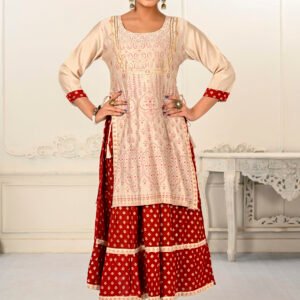 Cream Double Layered Cotton With Handfoil Print Kurtis