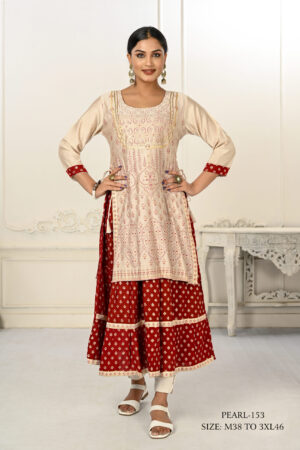 Cream Double Layered Cotton With Handfoil Print Kurtis