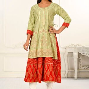 Green Double Layered Cotton With Handfoil Print Kurtis