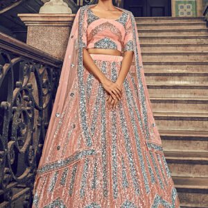 Peach Sequins Wholesale Lehenga Choli Set - BUYON