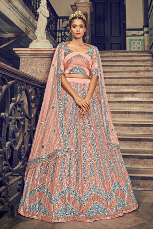 Peach Sequins Wholesale Lehenga Choli Set - BUYON