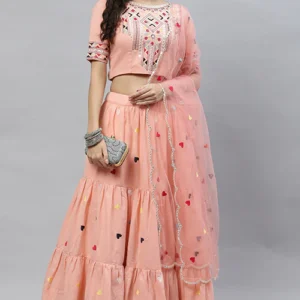 Pink Cotton Multi Embroidered Work Lehenga Choli - BUYON