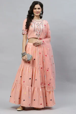 Pink Cotton Multi Embroidered Work Lehenga Choli - BUYON