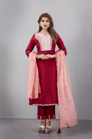 Maroon Muslin Silk Lucknowi Style Salwar Kameez - BUYON