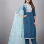 Blue Muslin Silk Lucknowi Style Salwar Kameez - BUYON