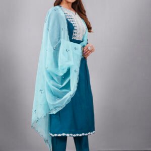 Blue Muslin Silk Lucknowi Style Salwar Kameez - BUYON