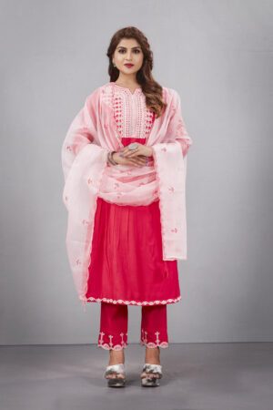 Red Muslin Silk Lucknowi Style Salwar Kameez - BUYON