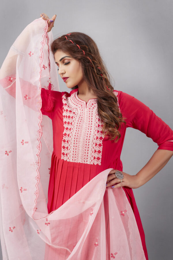 Red Muslin Silk Lucknowi Style Salwar Kameez - BUYON