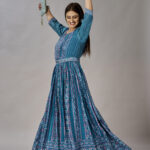 Teal Blue Muslin Silk Embroidered With Sequins Gown - BUYON