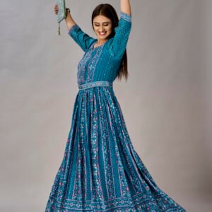 Teal Blue Muslin Silk Embroidered With Sequins Gown - BUYON