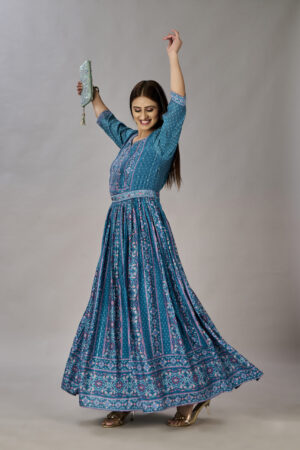 Teal Blue Muslin Silk Embroidered With Sequins Gown - BUYON