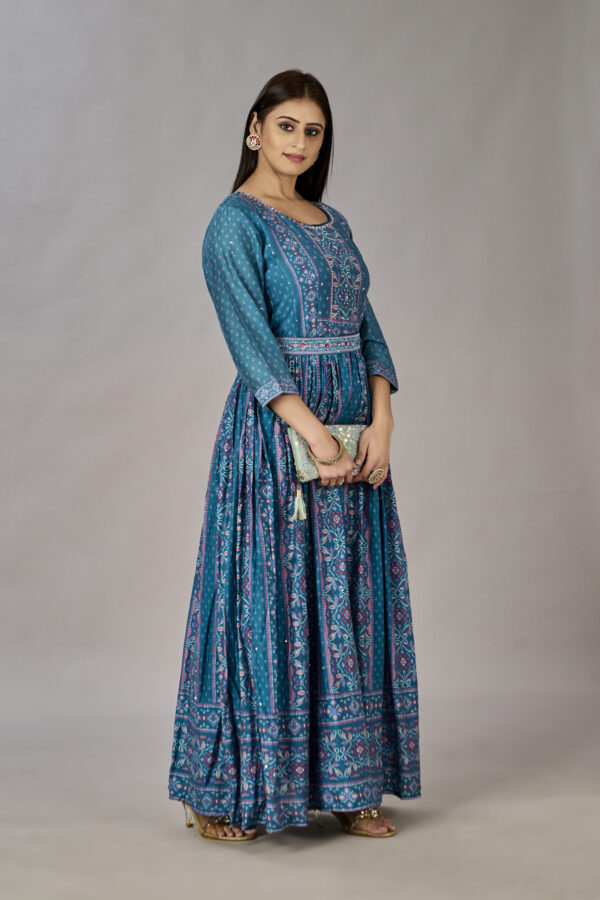 Teal Blue Muslin Silk Embroidered With Sequins Gown - BUYON