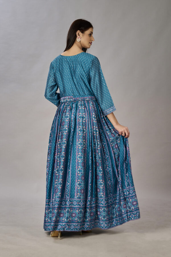 Teal Blue Muslin Silk Embroidered With Sequins Gown - BUYON