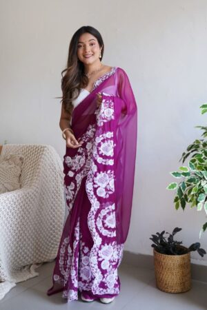 Beautiful Pure Thai Organza Silk Saree ( Wine ) - BUYON