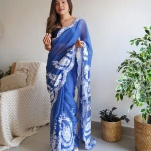 Beautiful Pure Thai Organza Silk Saree ( Blue ) - BUYON