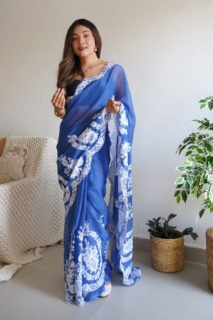 Beautiful Pure Thai Organza Silk Saree ( Blue ) - BUYON