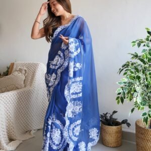 Beautiful Pure Thai Organza Silk Saree ( Blue ) - BUYON