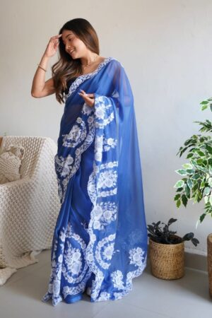 Beautiful Pure Thai Organza Silk Saree ( Blue ) - BUYON