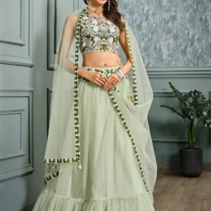 Pista Green Net Heavy Embroidery Lehenga - BUYON