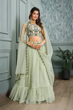 Pista Green Net Heavy Embroidery Lehenga - BUYON