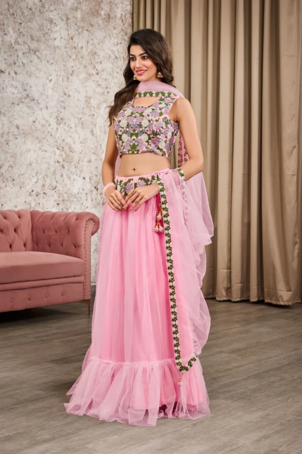 Pink Net Heavy Embroidery Lehenga - BUYON