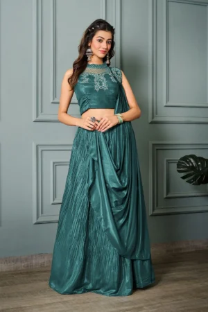 Teal Blue Art Silk Heavy Embroidery Lehenga - BUYON