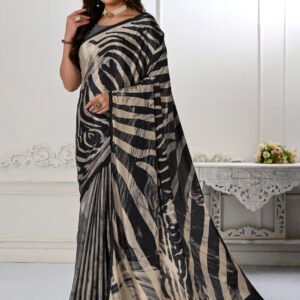 Crepe Soft Silk Black Digital Printed Sari - BUYON