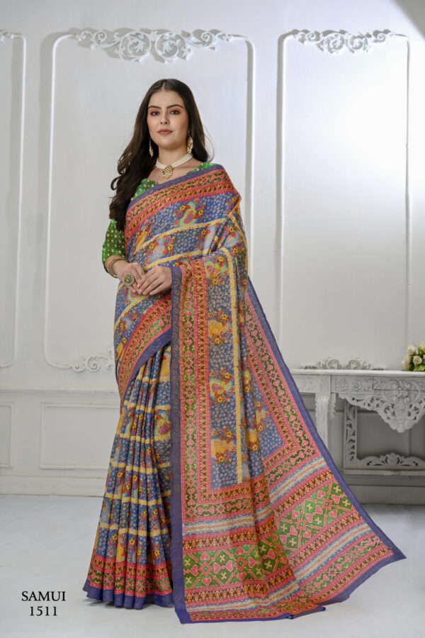 Premium Natural Silk High Definition Jacquard Zari Digital Printed Blouse With Saree