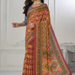 Jacquard Zari Digital Printed Blouse With Saree - Cherry