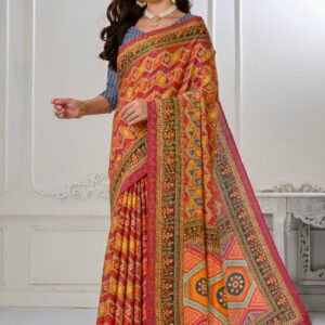 Jacquard Zari Digital Printed Blouse With Saree - Cherry