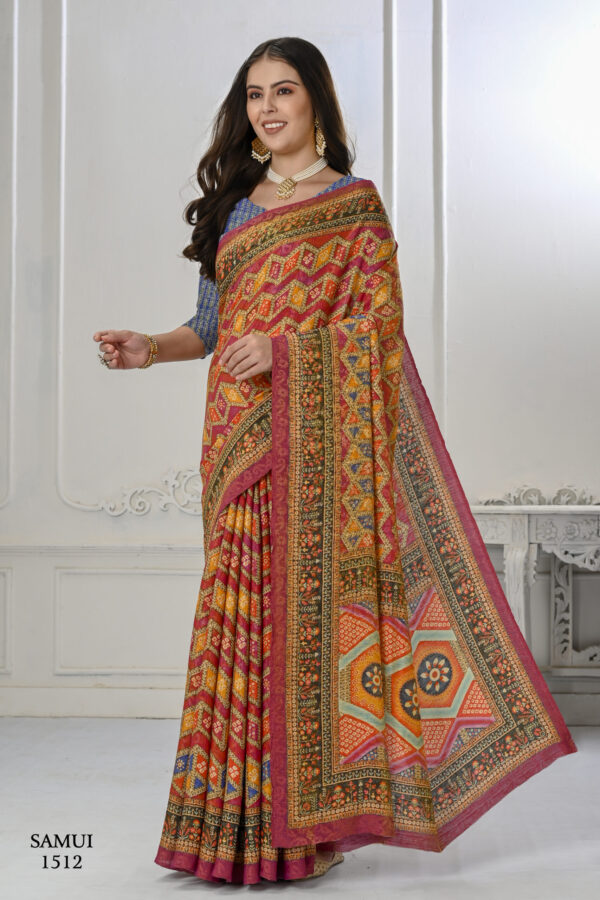 Jacquard Zari Digital Printed Blouse With Saree - Cherry