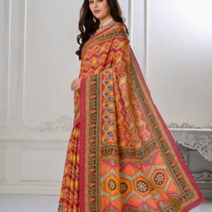 Jacquard Zari Digital Printed Blouse With Saree - Cherry