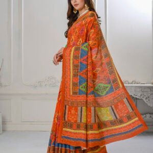 Jacquard Zari Digital Printed Blouse With Saree - Orange