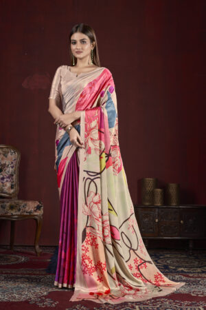 Soft Silk & Natural Crepe Digital Printed Sari, 6.30m