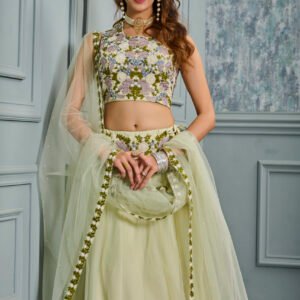 Pista Green Net Heavy Embroidery Lehenga - BUYON